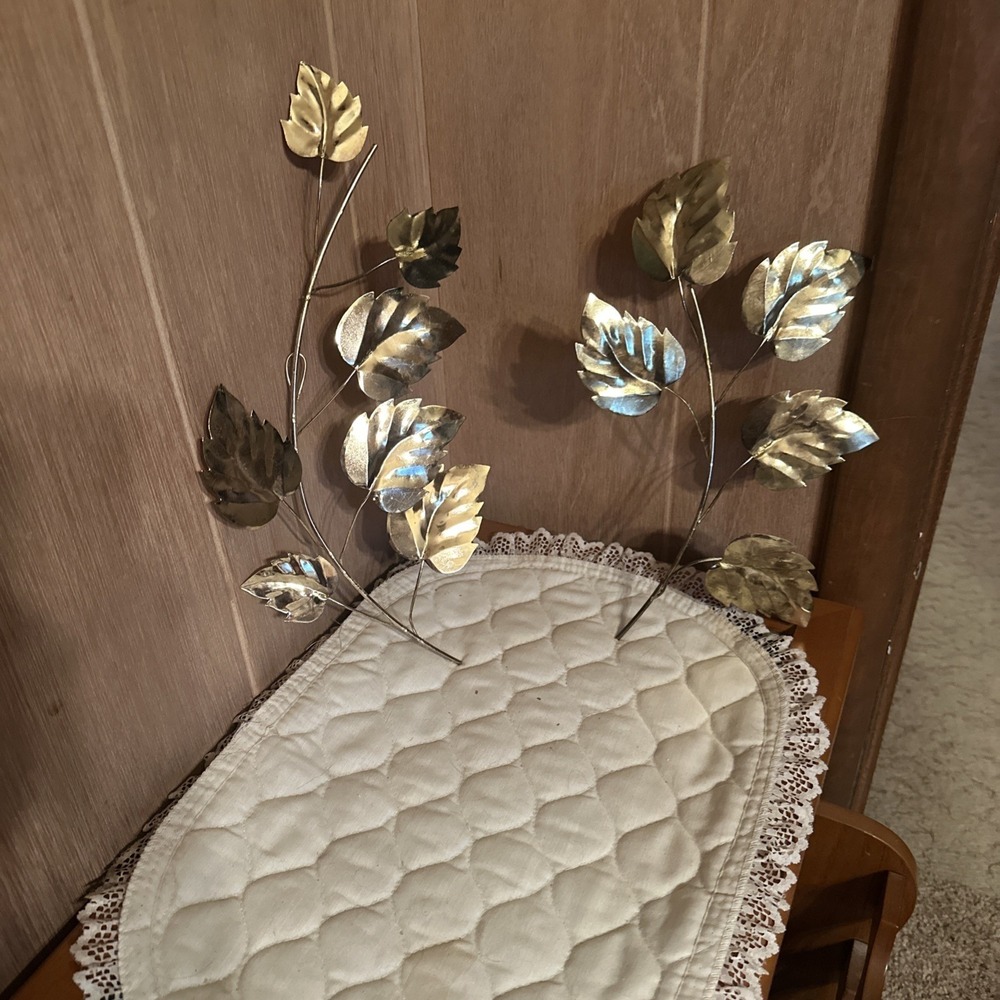 Vintage Homco MCM Gold & Brass Tone Metal Accent Leaves Set Of 2 Wall Decor